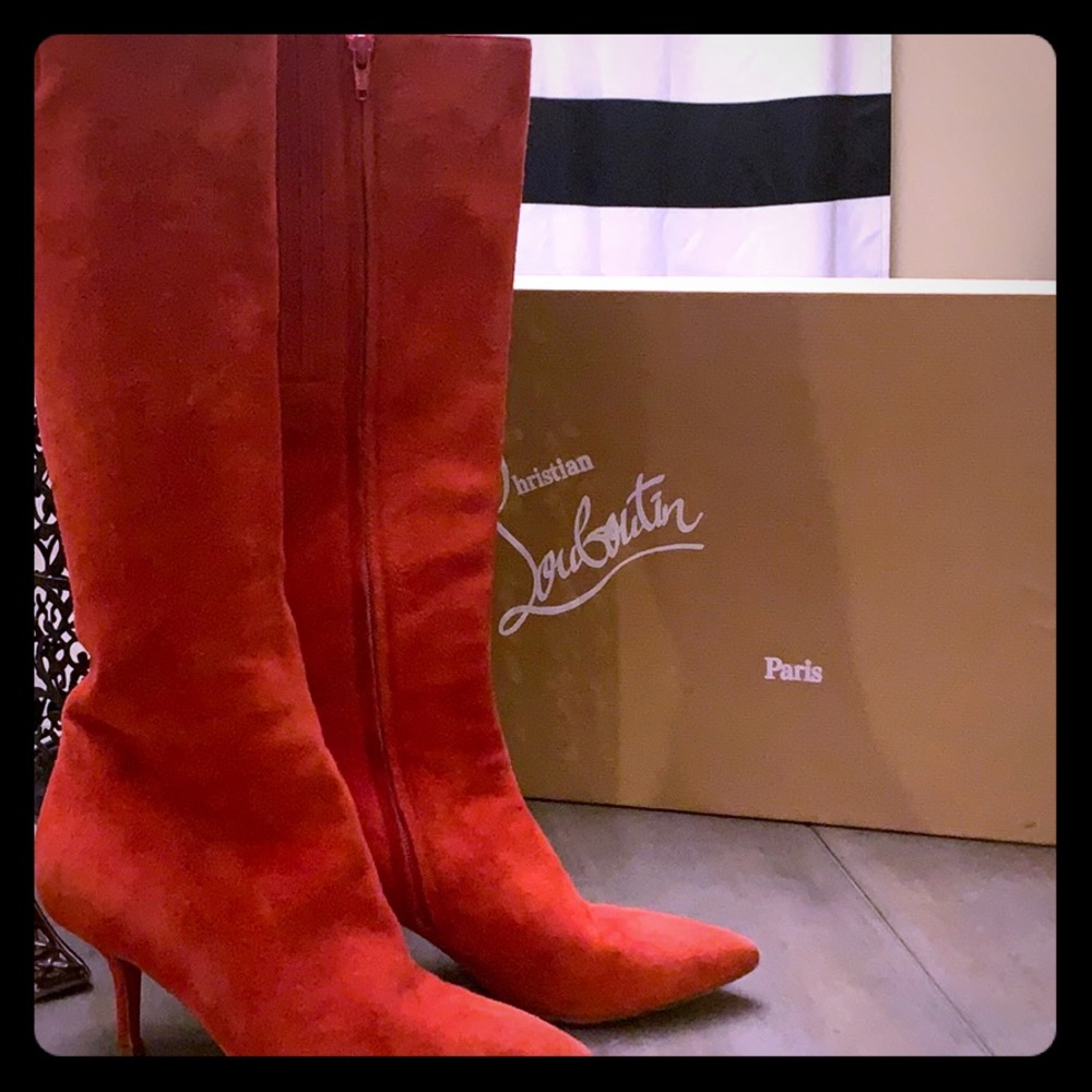 Christian Louboutin Alta Piga Red Suede Knee High Boots 6US 36EUR-Immac Used Con